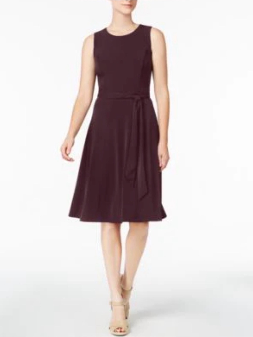 Charter Club Burgundy Fit & Flare Midi Dress Tie Waist Medium